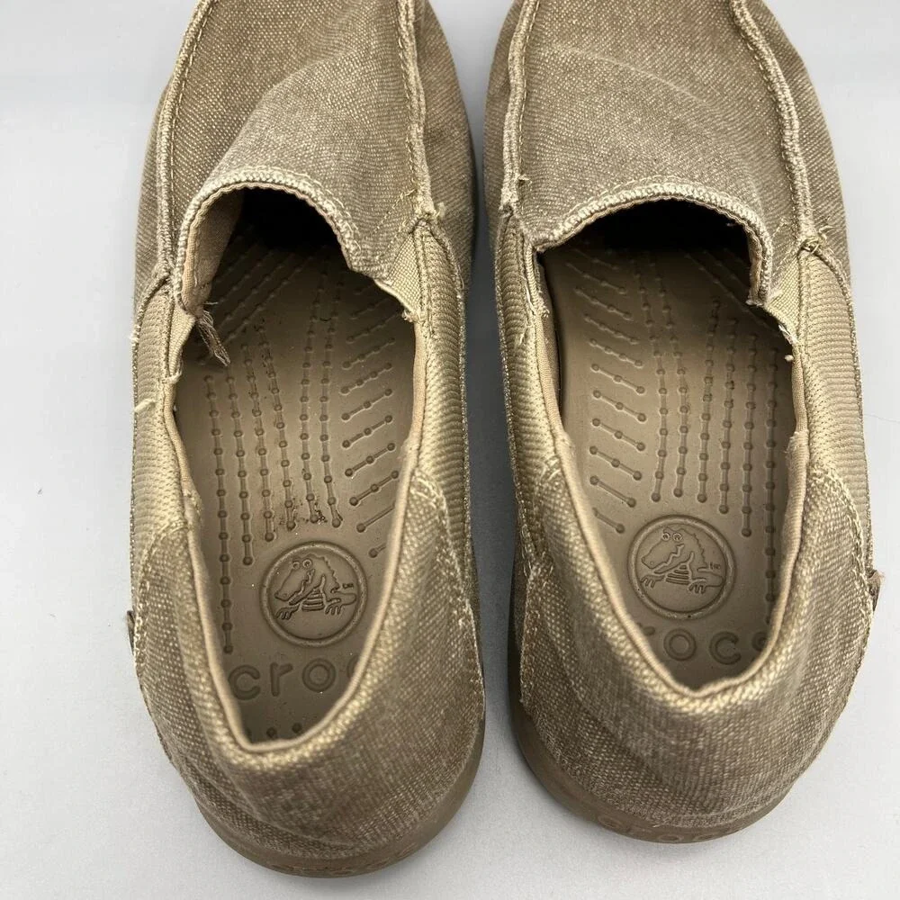 Crocs Santa Cruz Canvas Slip On Loafers Khaki Tan Moccasins J6 Kids‎